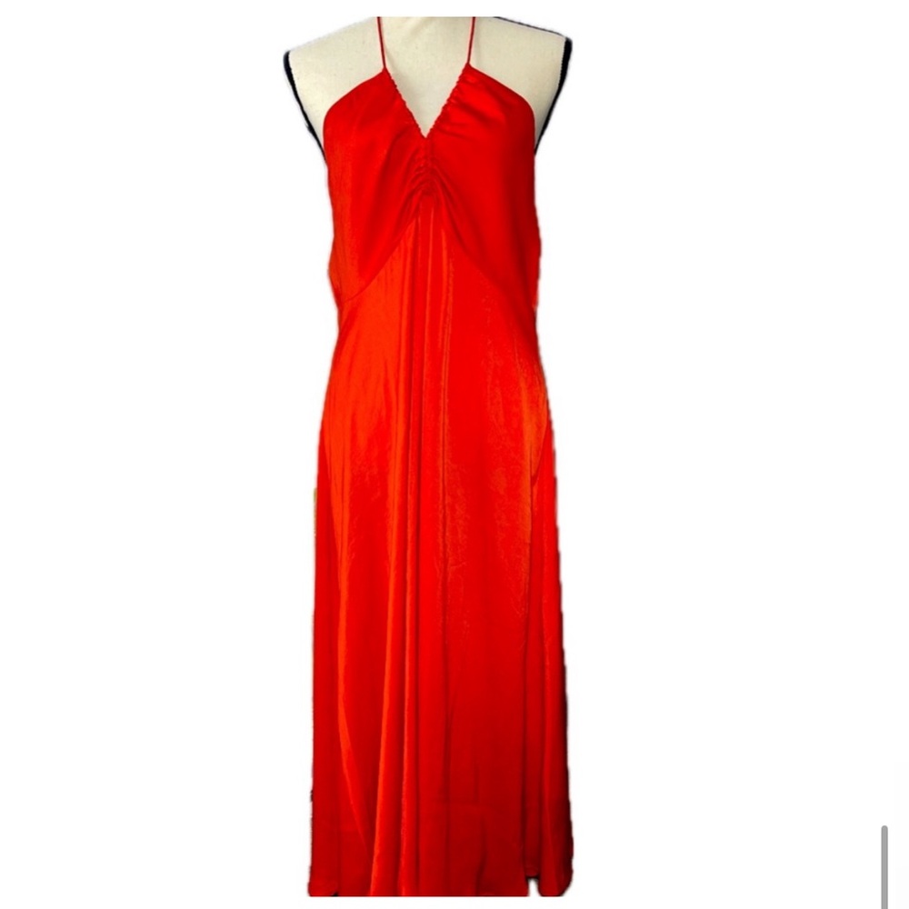 BANANA REPUBLIC Red Halter Front Flowy Sateen Maxi Dress $79 Size Large